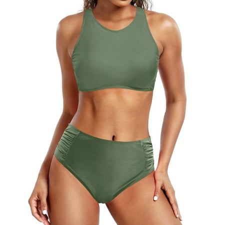 Women High Waisted Bikini Plus Swimsuits Cute Push Up Two Swimsuits for Women with Shorts Underwire Piece Swimsuits Vintage Swimsuit Two Piece Retro Ruched High Waist Print Bikini Set