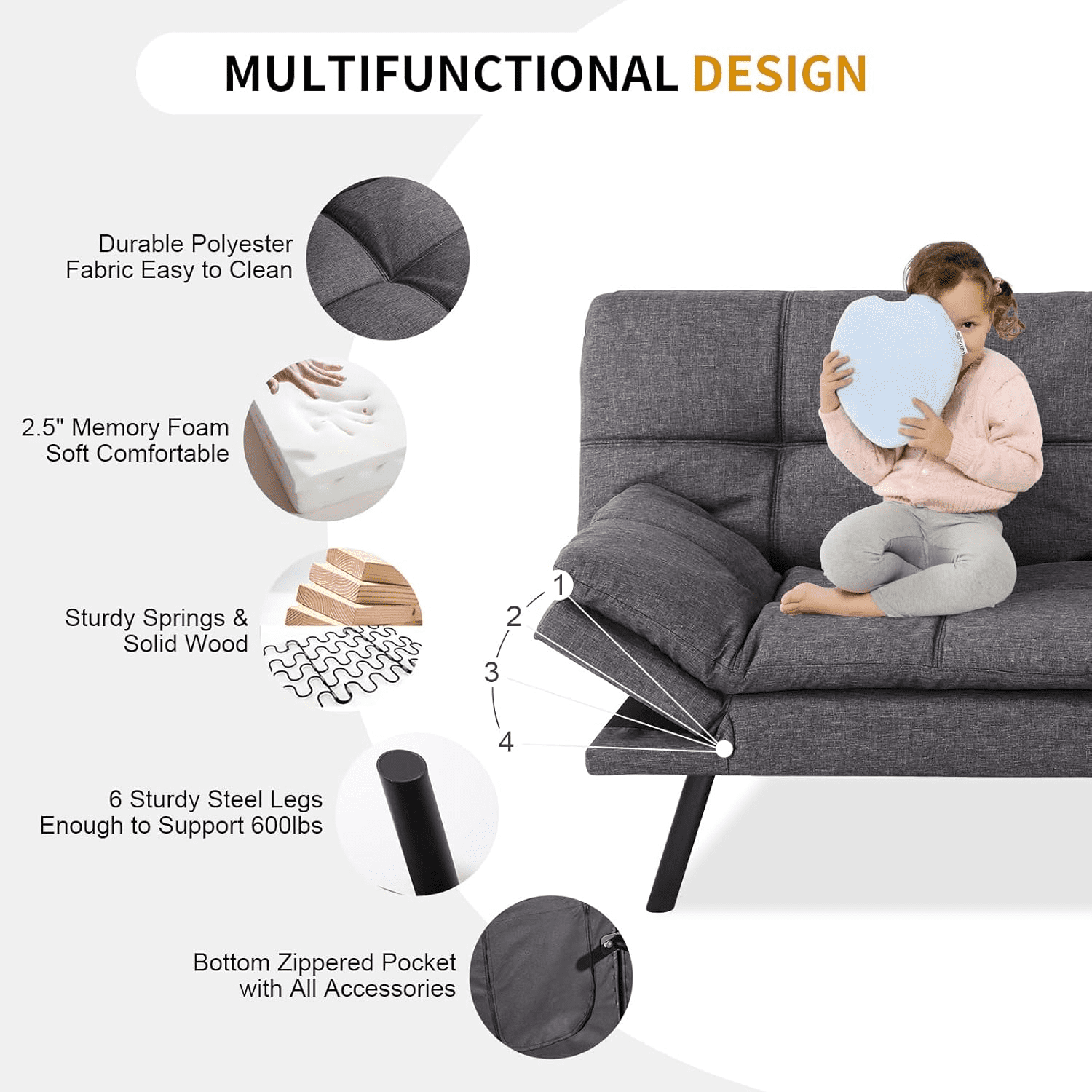 Hcore Modern Futon Sofa Bed, Convertible Memory Foam Couch Bed, Loveseats Sleeper Sofa, Futon Set