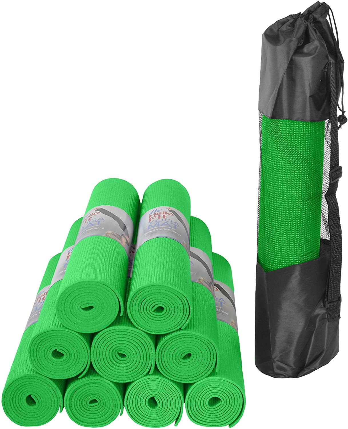 Hello Fit Yoga Mats (68 x 24 x 4mm) with Carrying Bags - Studio 10 Pack -  Wholesale (Green) 