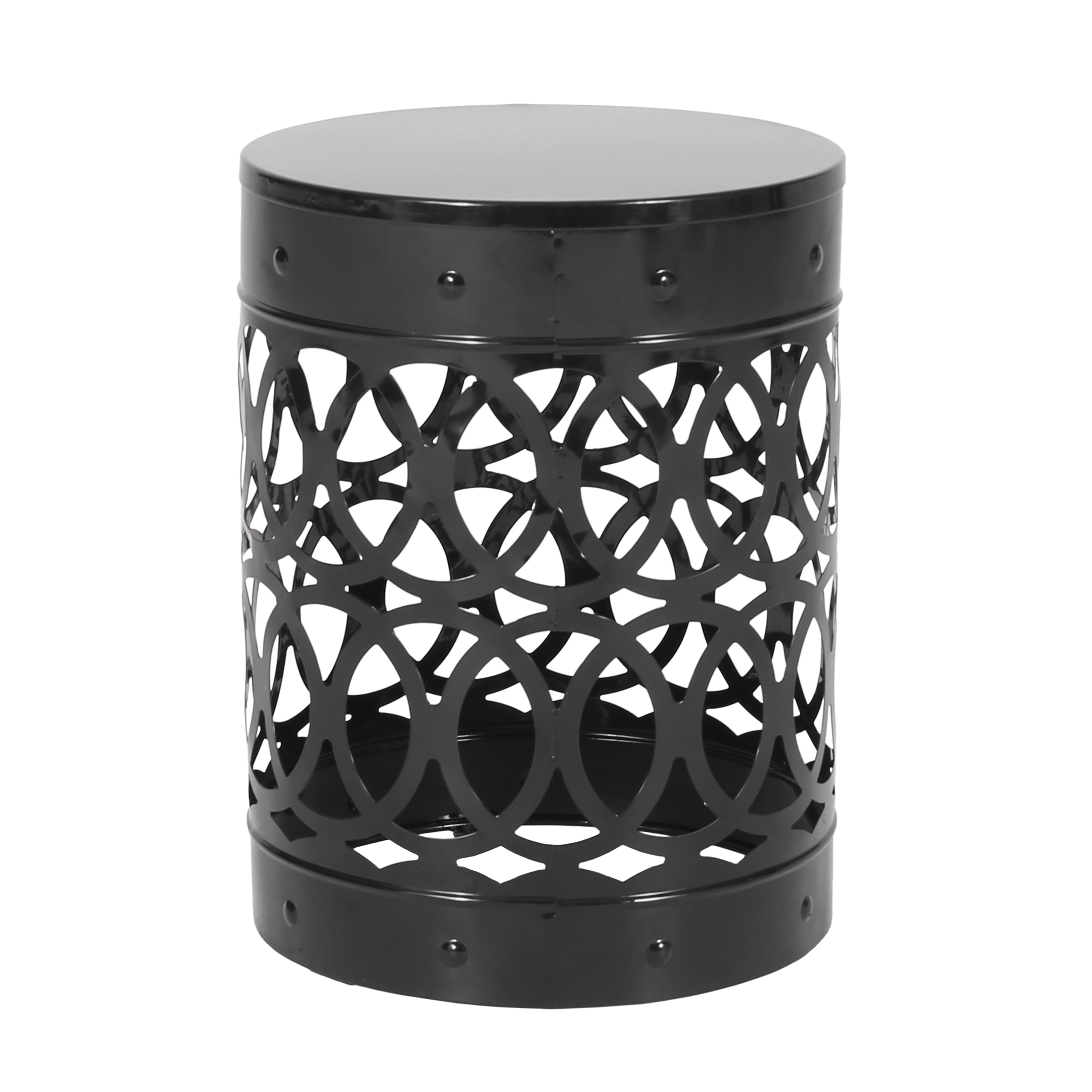 Mintazer Outdoor Metal Side Table, Modern Iron Cut PatioTable with Overlapping Circle Pattern, Black