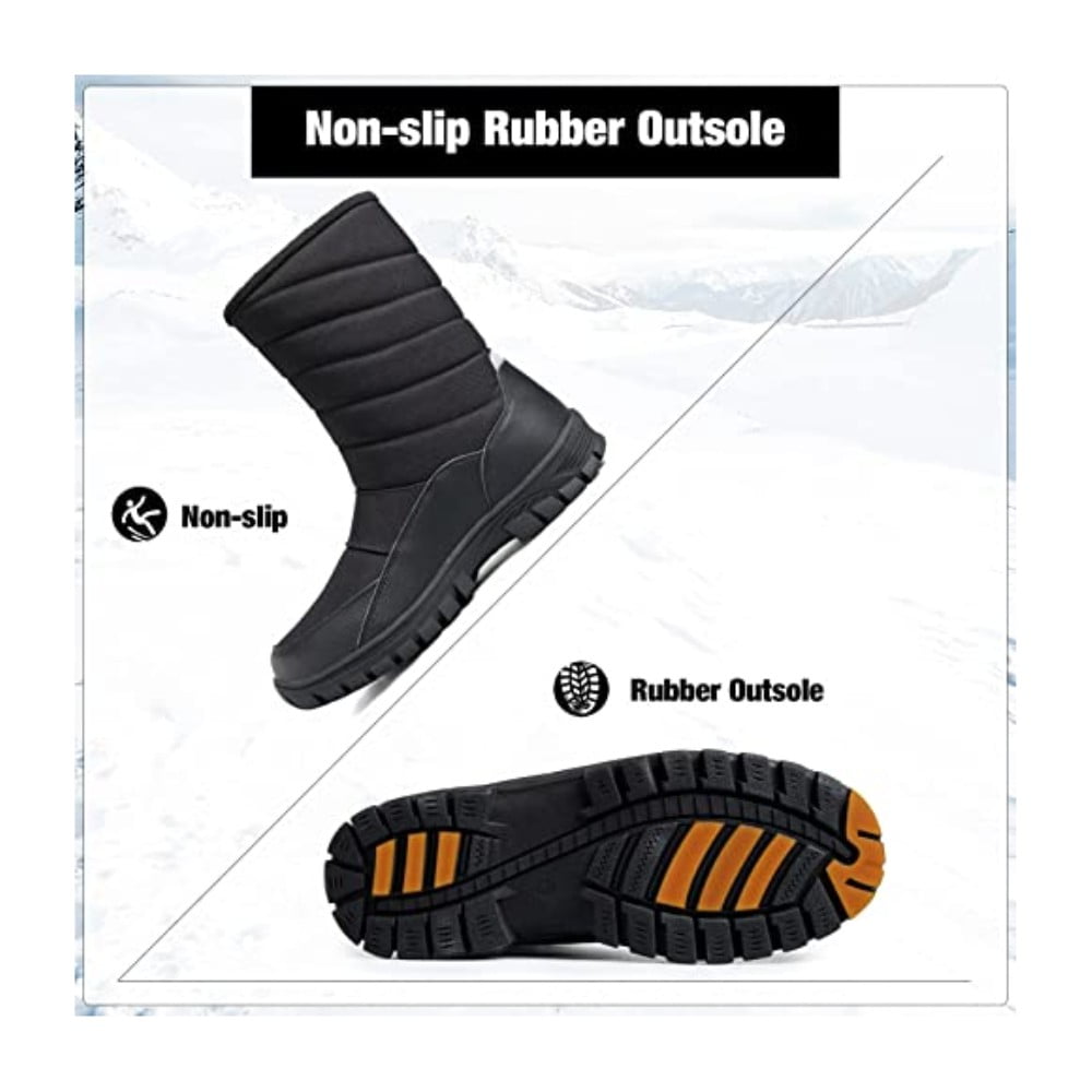 Men's Hiking Snow Boots Black Mid-Calf Insulated Boot Faux-Fur Lined 10M