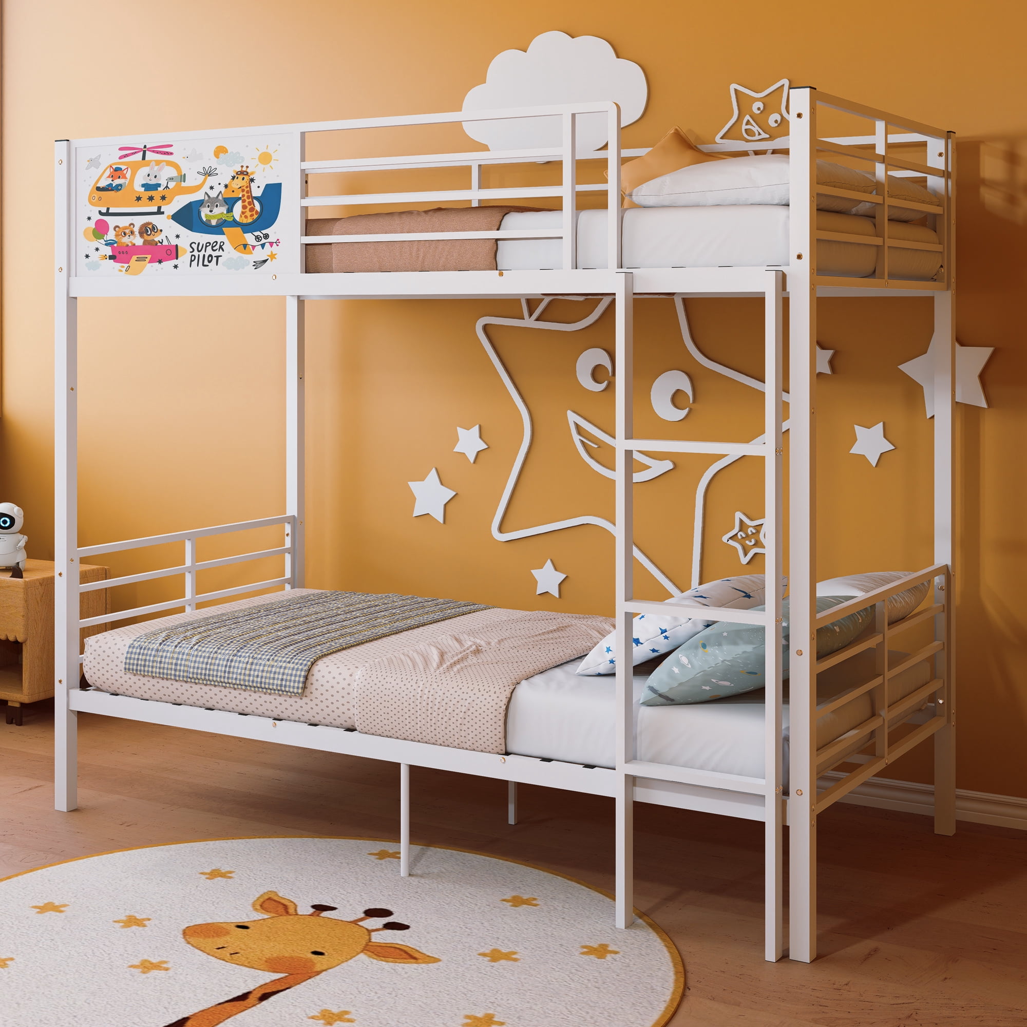Convertible Metal Bunk Bed Separates into 2 Twin Size Beds, Heavy Duty Frame with Full-Length Guardrail and Ladder, No Box Spring Needed, White