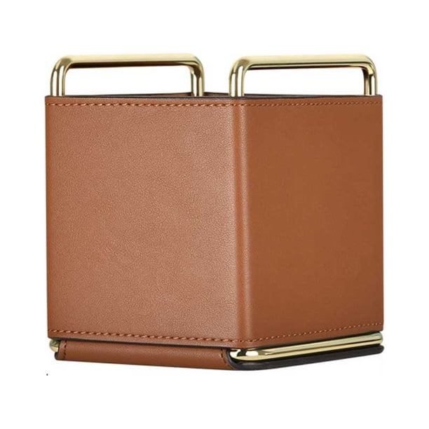 Yuarrent Caja de almacenamiento de escritorio de cuero, caja cuadrada portátil de gran capacidad, Control remoto extraíble, cubo para brochas Almacenamiento y organización del hogar Marrón