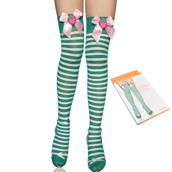 Sinyiin Cute Thigh High Stockings with Strawberry Bows for Women Striped Over Knee Socks