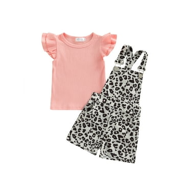 Franhais Girls Overalls Set Ribbed Round Neck Ruffle Fly Sleeve Tops   Floral/Leopard Print Jumpsuit Cute Two-Piece Set