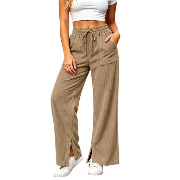 Ozmmyan Wide Leg Sweatpants for Womens Corduroy Drawstring Elastic Waist Flare Trousers with Pockets Split Hem Fall Winter Casual Solid Color,S-2XL