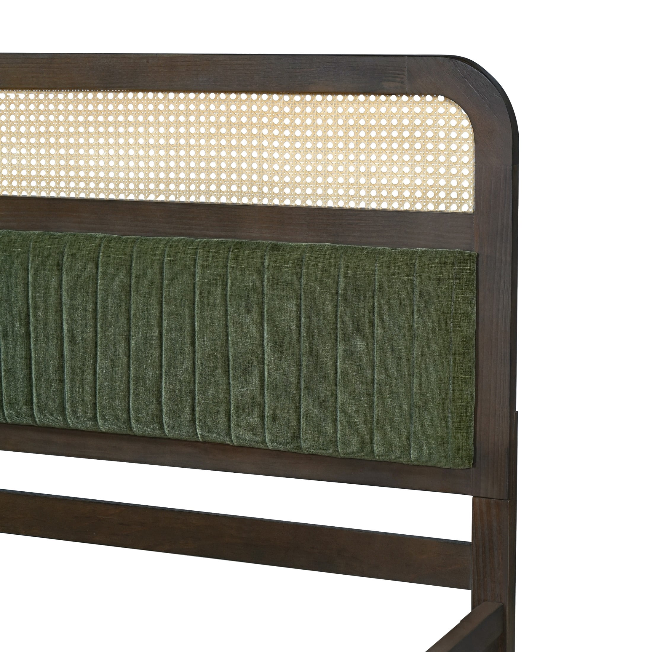 Christopher Knight Home King Wood Platform Bed with Rattan & Green Upholstered Headboard, Walnut Finish