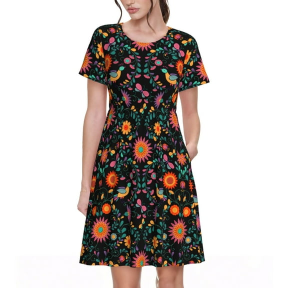 Spring Summer Dresses for Women 2025 - Mexican Flower And Birds Wedding Guest Dresses, Beach Vacation Clothes, Hawaiian Sundresses Casual Short Sleeve Dress for Women with Pockets