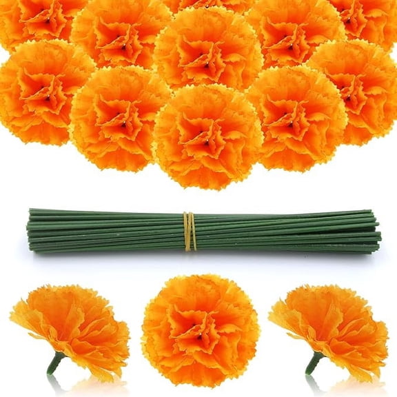 mistyhony 50 Pcs Marigold Flower Heads Bulk, Silk Marigolds with Stems Artificial Mexican Flowers for Diwali Day of The Dead Dia De Los Muertos Ofrenda Decor
