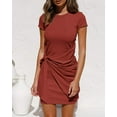 thumbnail image 2 of Short Sleeve Crew Neck T Shirt Dress Tie Waist Ruched Bodycon Mini Dress - Brick Red, 2 of 4
