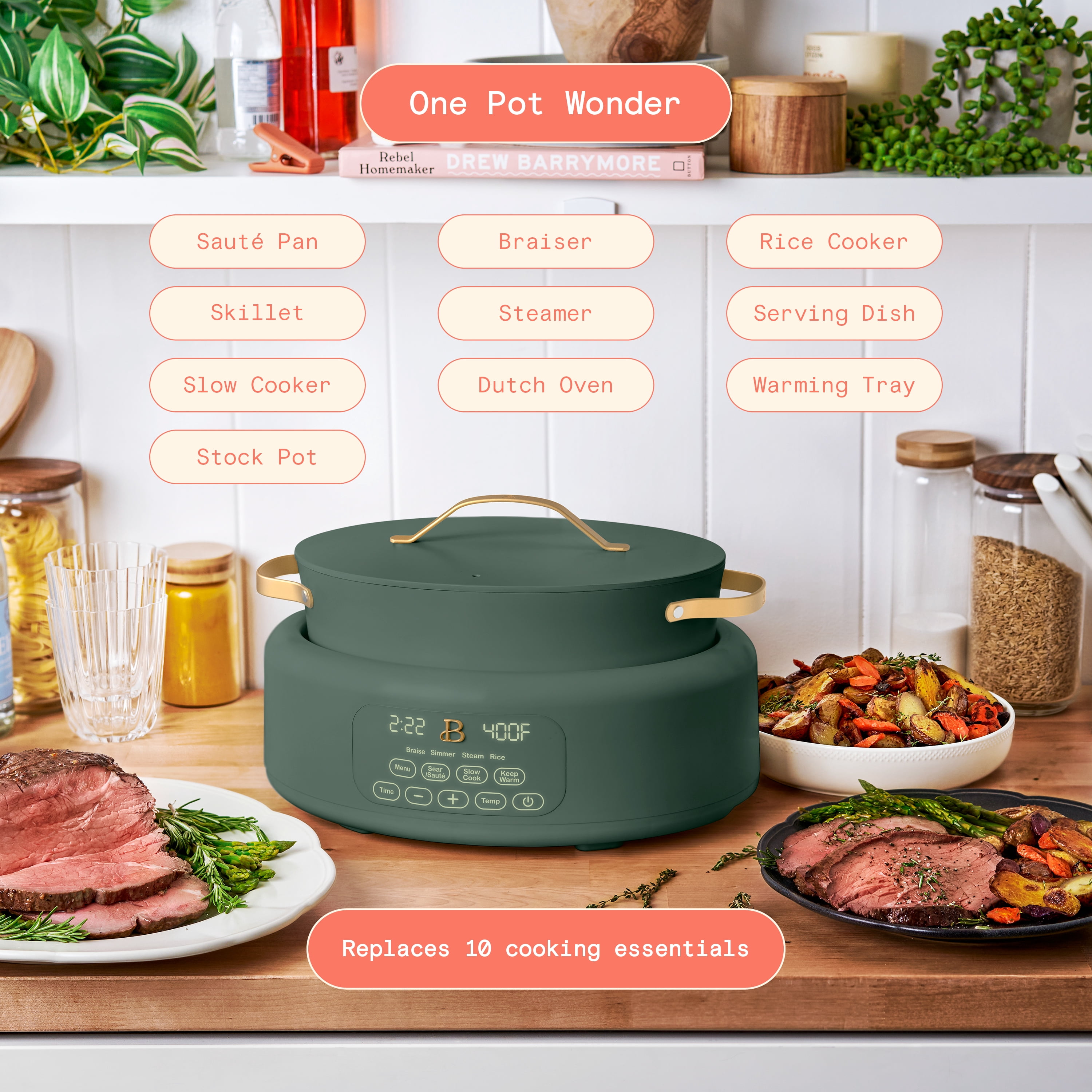 Beautiful 10 in 1, 6 Qt Electric Multi-Cooker, Thyme Green by Drew Barrymore