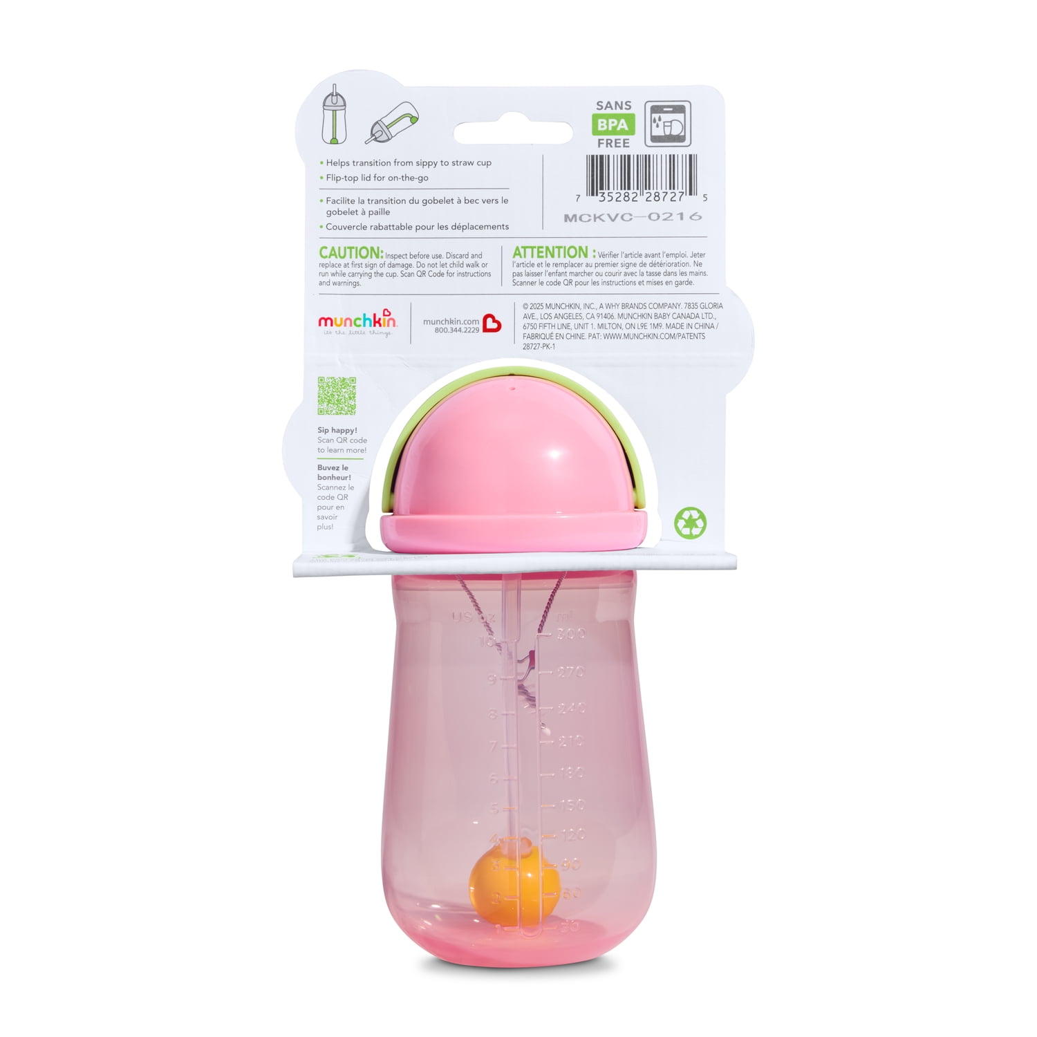 Munchkin Any Angle™ Spill-Proof Weighted Straw Trainer Cup with Click Lock Technology, Baby & Toddler Transition Sippy Cup, 10 oz, Pink/Green, Unisex