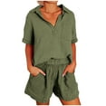 thumbnail image 3 of Brnmxoke Women's 2 Piece Outfits Short Sleeve Shirts and Shorts Linen Set Women Casual Lounge Set with Pockets Summer Beach Sweatsuits Loungewear Army Green,L, 3 of 8