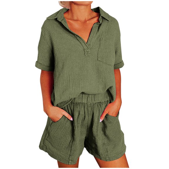 safuny Women's 2 Piece Sets Outfits Shorts Loungewear for Women Summer Causal Solid Color Short Sleeve Collared Neck Trousers Loose with Pocket Army Green M
