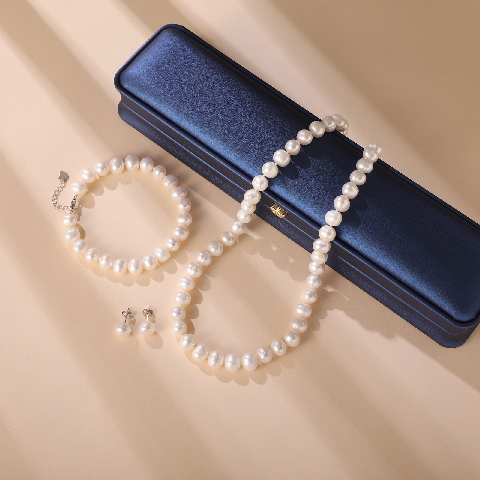 YAMI 7-7.5mm Freshwater Cultured White Pearl Jewelry Set in 925 Sterling Silver Necklace, Earrings & Bracelet  Valentine's Day Gift for Women