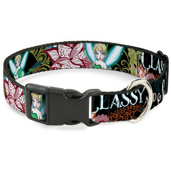 Disney Pet Collar, Dog Collar Plastic Buckle, Tinker Bell Floral Collage Classy And Sassy, 7 to 8.5 Inches 0.5 Inch Wide