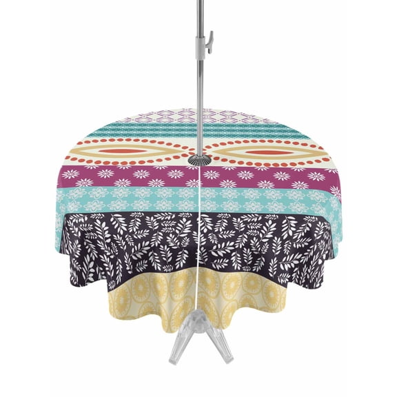 Outdoor Tablecloths with Umbrella Hole & Zipper, Bohemia Ethnic Round Tablecloths 60 Inch, Boho Tribal Teal Orange Purple Stripes Leaves Waterproof Table Cloth, Patio/Pool/Picnic Table Covers