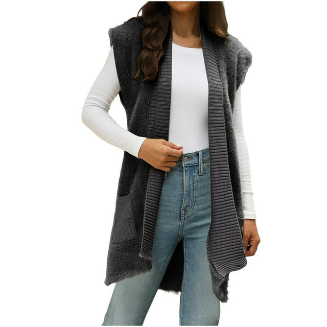 Sevevn Cardigans Sans Manches pour Femmes Long Gilet Veste Côtelée Manteau avec Poches