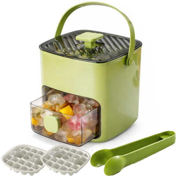 2-in-1 Large Capacity Ice Maker & Storage Bin Set, Press Release Ice Cube Tray with Lid & Scoop, Double-Layer 48-Cell Easy Release One-Click Demolding Silicone Mold, Pull-Out Ice Drawer(Green)