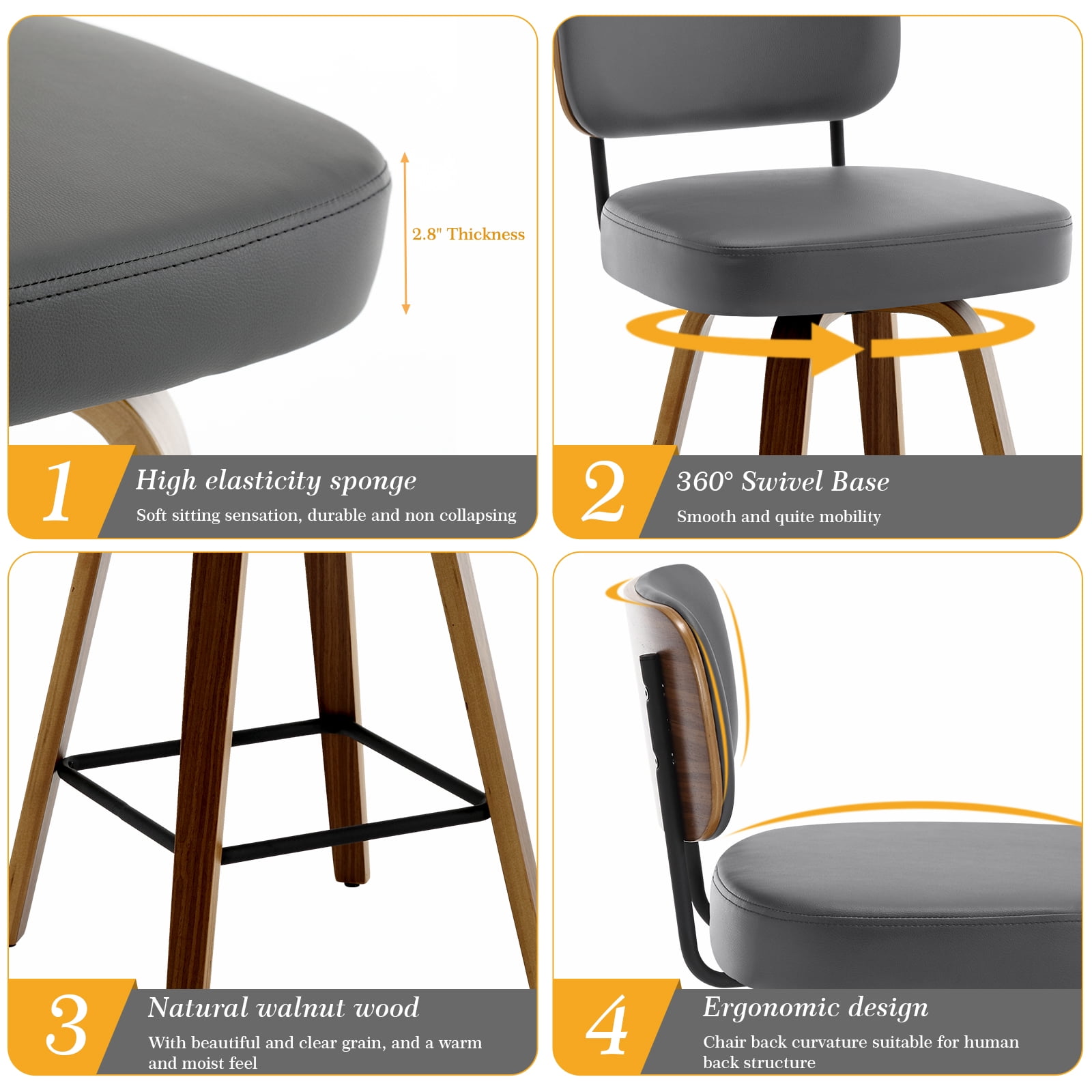 Foreate Swivel PU Bar Stools, Set of 1, 29" Bar Height Upholstered Leather with Mid-Back Wood Legs, Modern Chair Island Counter Stool for Kitchen, Gray