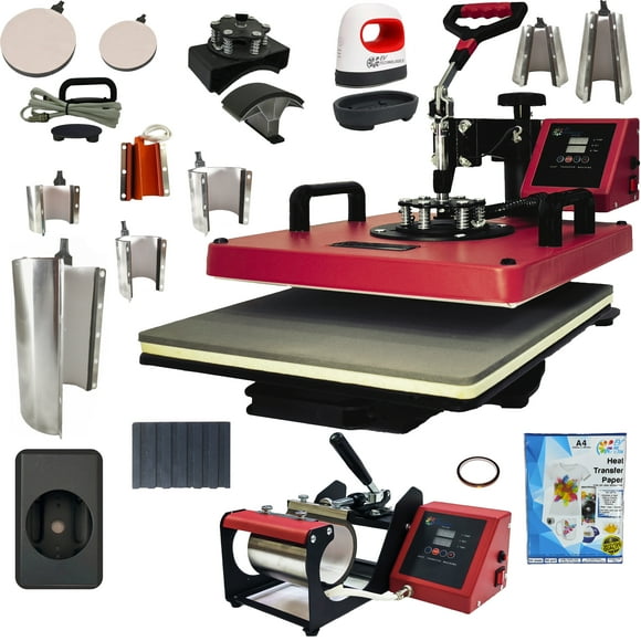 Combo 16 En 1 EV Technologies plancha sublimacion color roja y 150 articulos