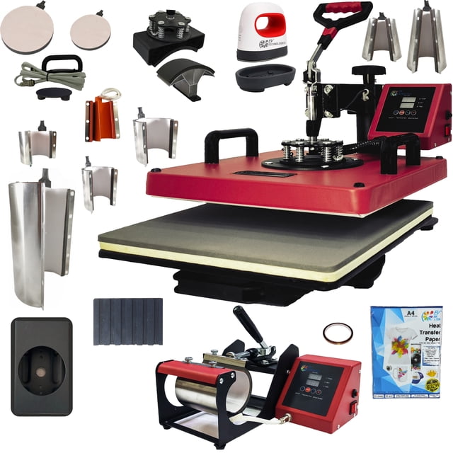 Combo 16 En 1 EV Technologies plancha sublimacion color roja y 150 articulos
