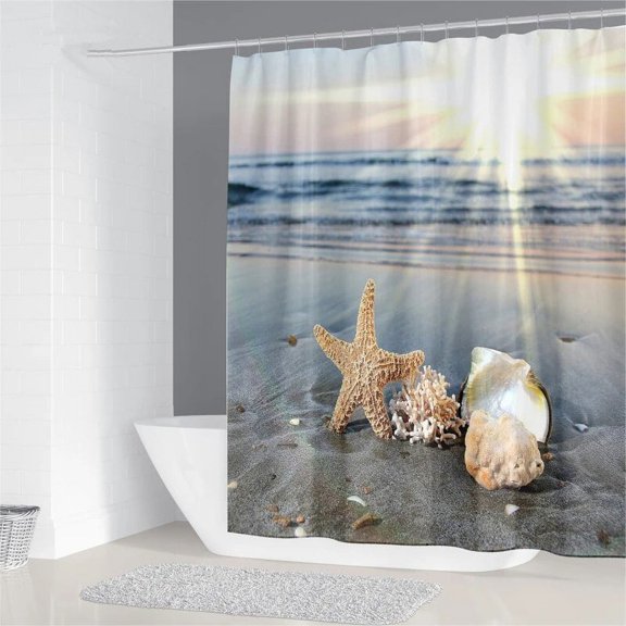 StarBeach Shower Curtains 3D Seashell Ocean Theme Waterproof Polyester Fabric Bathroom Decor with Bathtub Curtains