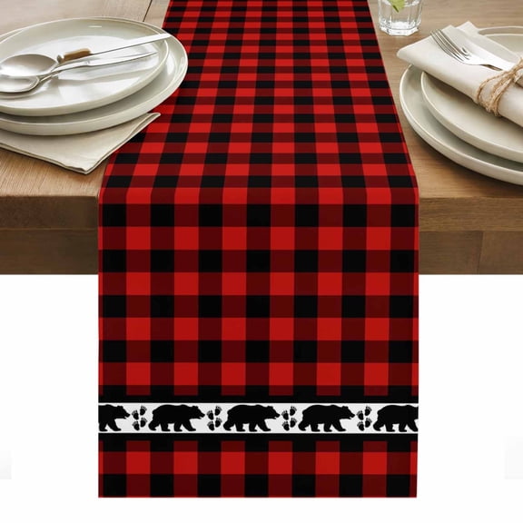 Red Black Plaid Table Runner - 72 Inch Long, Kitchen Dining Table Runner Dresser Scarves, Country Vintage Bear Buffalo Gingham Farmhouse Decor for Coffee Tables Wedding Party Banquet