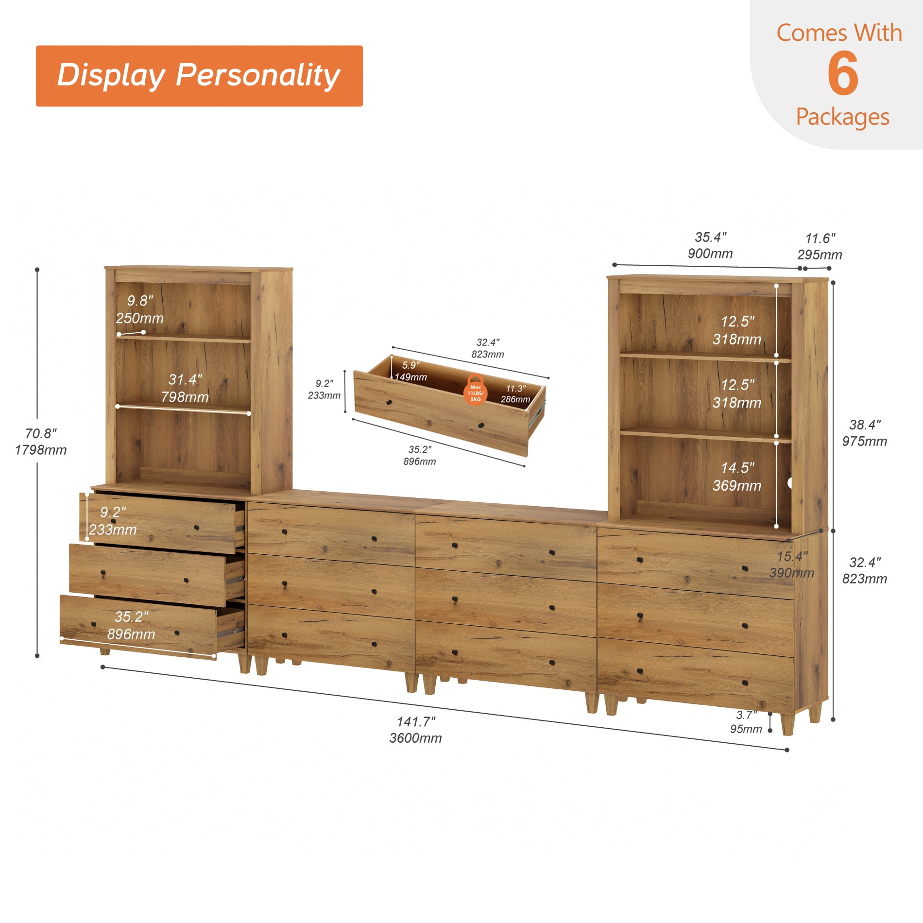 WAMPAT Entertainment Center for 75 Inches TVs with Bookshelves & Drawers, Oak Brown
