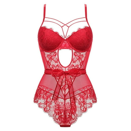 BYHONG French Seductive Bodysuit with Bow Tie Transparent Lace Fitted Lingerie Sculpting Teddy Womens Underwear Red A
