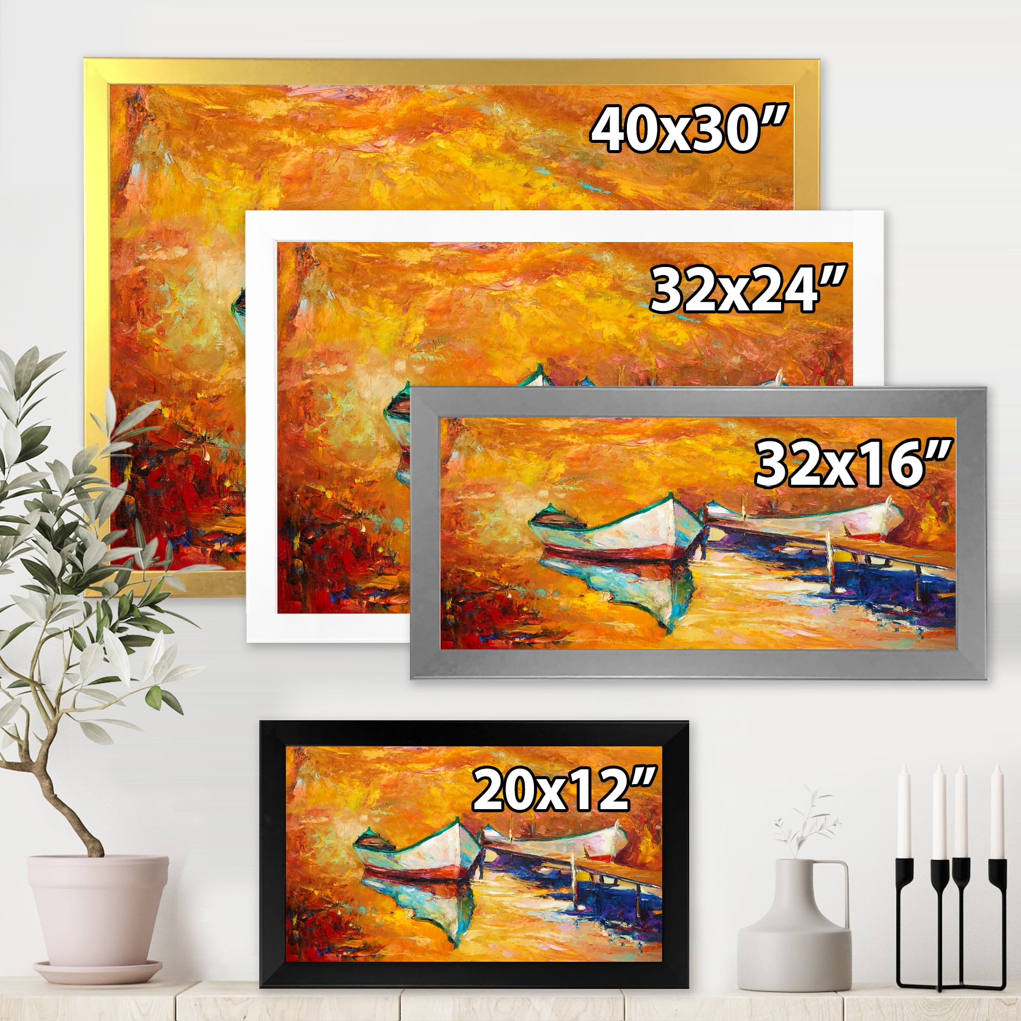 Little Boat During Warm and Orange Evening 32 in x 24 in Framed Painting Canvas Art Print, by Designart