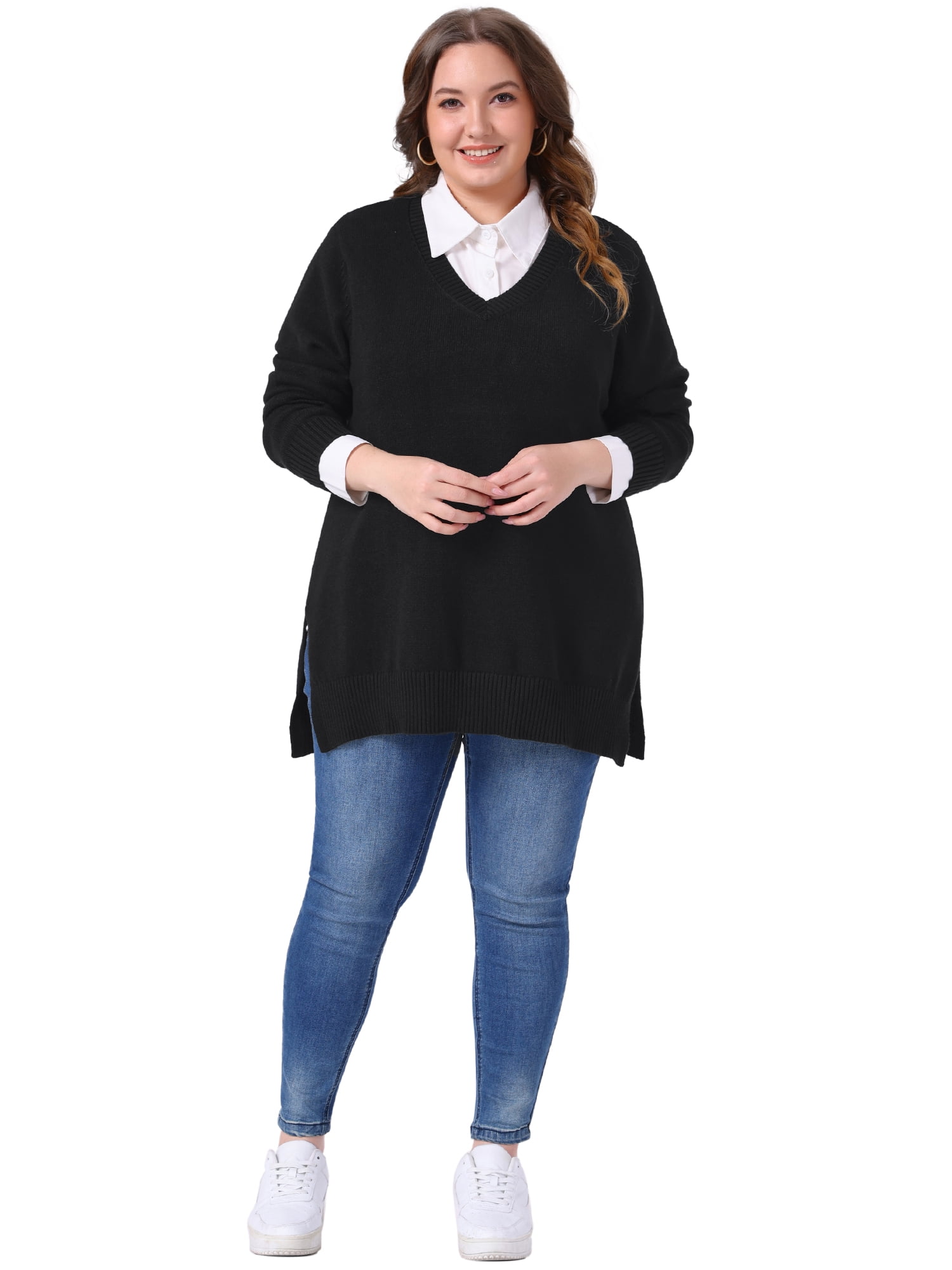DARING DIVA Women's Plus Casual V Neck Long Sleeve Pullover Sweater 3X Black