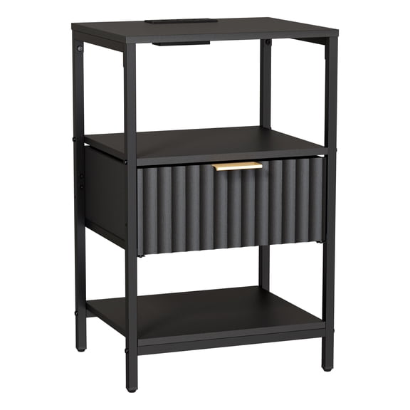 JOYMOR Fluted Nightstand, Fabric Dresser with 2 Drawers and 1 Shelf, Bedside Table, End Table with Charging Station, Nightstand for Indoors