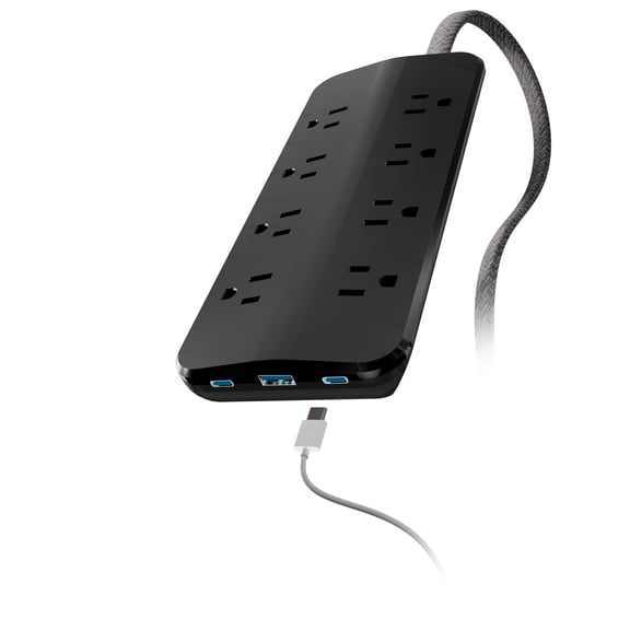 GE Surge Protector Power Strip with USB Ports, 4 Ft Braided Extension Cord, 1500 Joules, 8 Outlet Extender, 2 USB C, 1 USB A, Flat Plug, Black, 86725