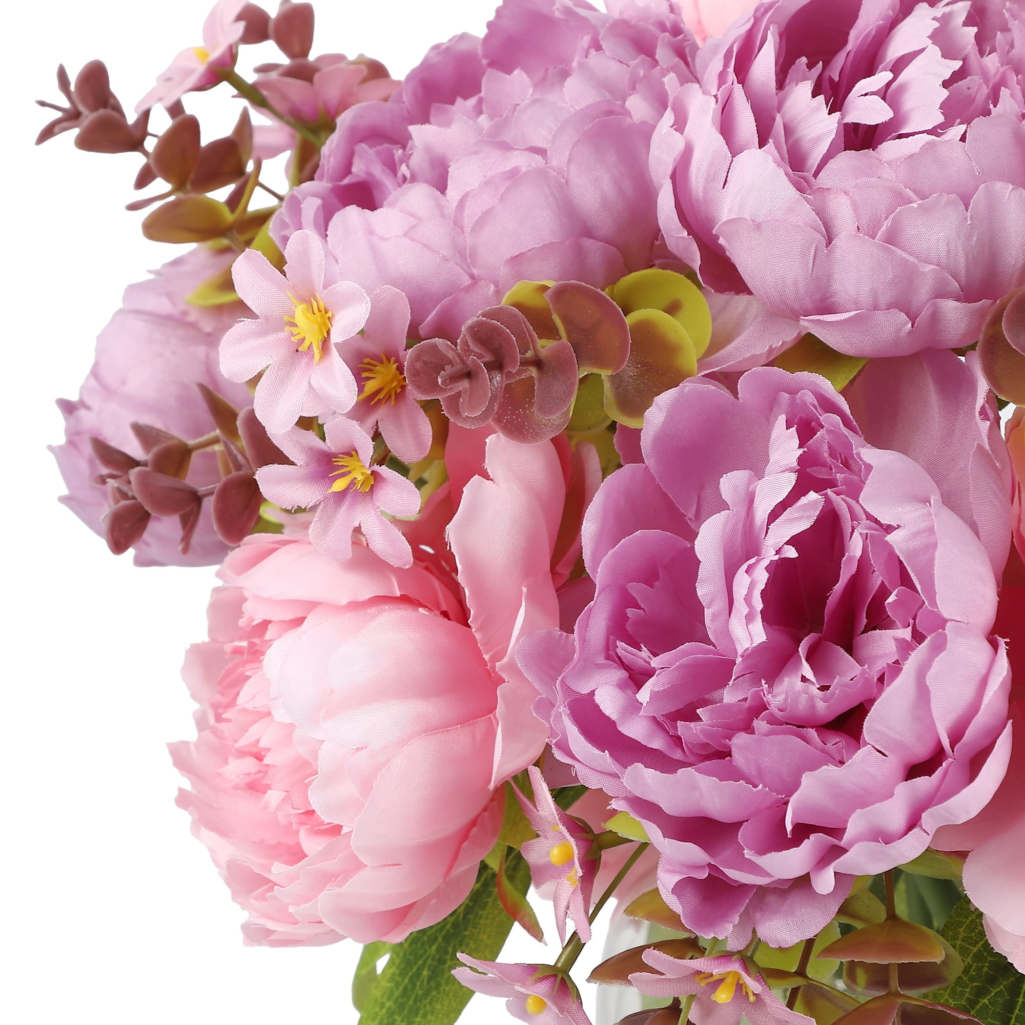 PYY Silk Peonies Bouquet in Glass Vase with Faux Water – Realistic Artificial Flowers Arrangement for Home, Wedding, Table or Office – Rose Red & Purple