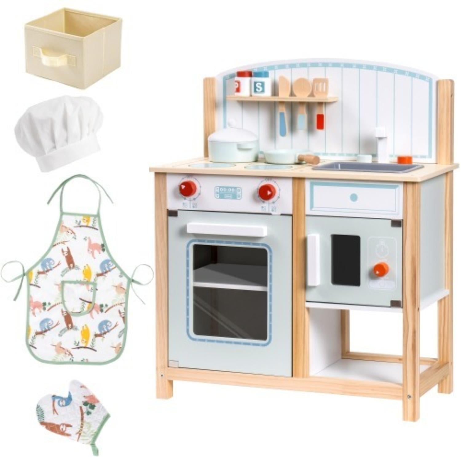 Blue and white wooden kitchen toy set, pretend play kitchen set for
