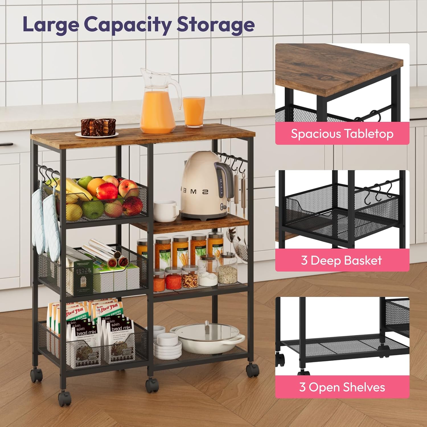 Kitchen Island Cart on Wheels - 4 Tier Rolling Kitchen Table Cart with Storage Shelves, 6 Removable Hooks & Locking Casters, Coffee Bar Cabinet for Dining Room Pantry Office, Espresso