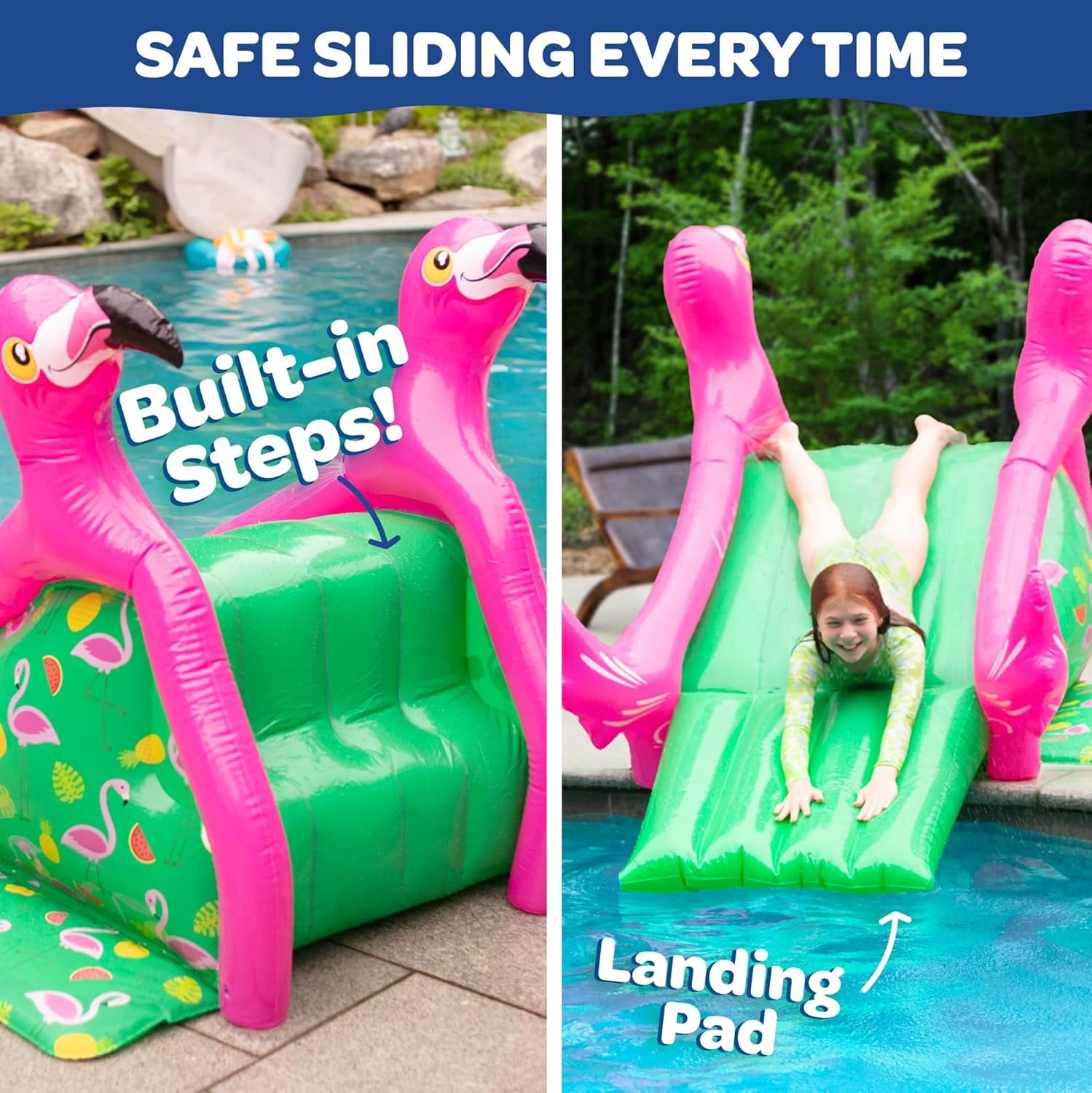 Giant Inflatable Flamingo Pool Slide w/Built-in Side Water Sprinklers for Kids- Extra Large Size (98"x 51"x 51") - Soft Landing Pad, Durable, Easy to Inflate - Perfect for Summer Party Outdoor Fun