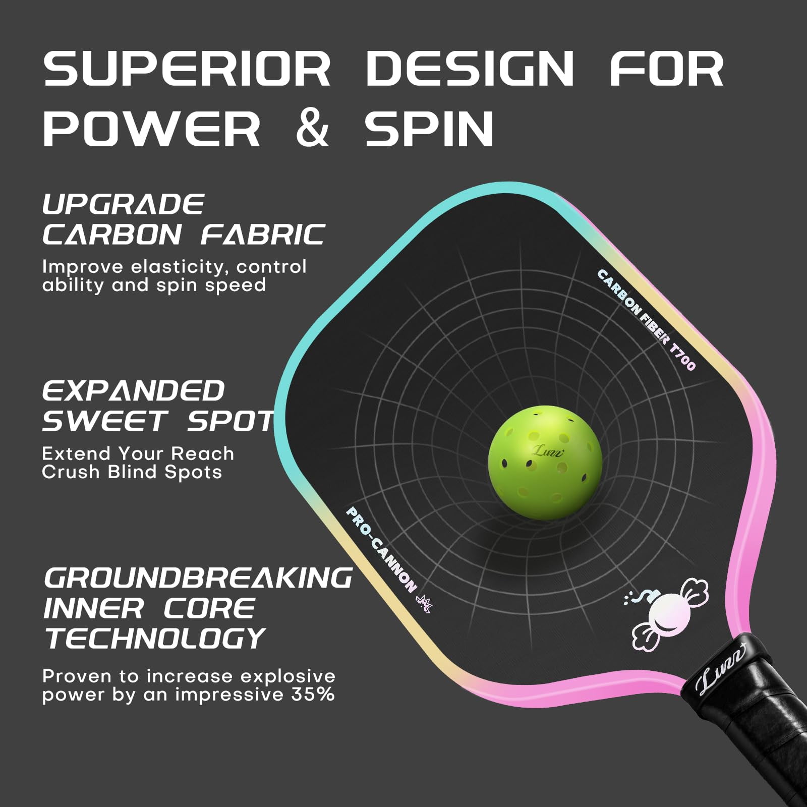 Ball Paddle  Thermoformed Candy T700 Carbon Fiber Paddles Friction Surface Exceptional Spin And Power 16mm Composite Pickle Rackets For Players