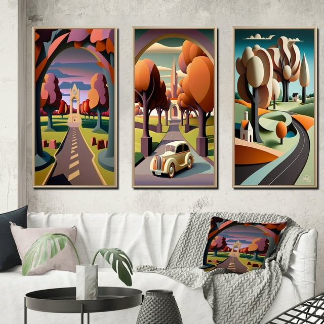 Designart "Rustic Mountains Road Through the Wilderness I" Abstract Landscape Framed Wall Art Set Of 3 - Pink Abstract Landscapes Frame Canvas Set For Living Room Decor