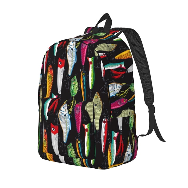 Disketp Colorful Fishing Lures print Canvas Backpack Lightweight Travel Daypack Student Rucksack Laptop Backpack-Medium
