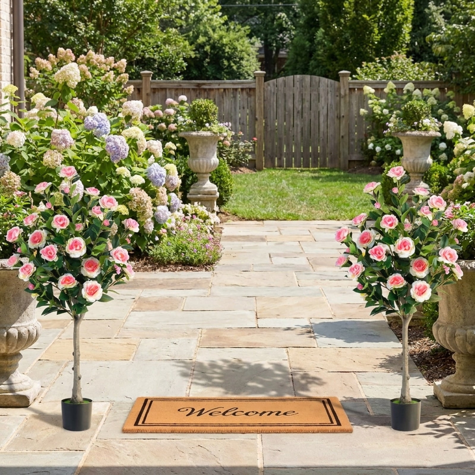 Vebreda Artificial Plant Decor, Artificial Camellia Tree with 27 Blossoms in Cement Pot for Home, Realistic Floral Details, Built to Last