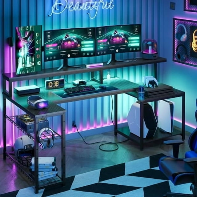 Bestier Gaming Desk with Power Outlets, 71.5 LED Computer Desk with Long Monitor Stand, Large L Shaped Corner Desk with Storage Shelf, Cup Holder Headset Hooks, Cool Desk for Gaming Room, Black