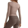 thumbnail image 4 of Stichou Women's Long Sleeve Crop Top - 2026 Spring Summer Stretchy Comfort Fit, Casual & Workout Wear Light Brown M, 4 of 5
