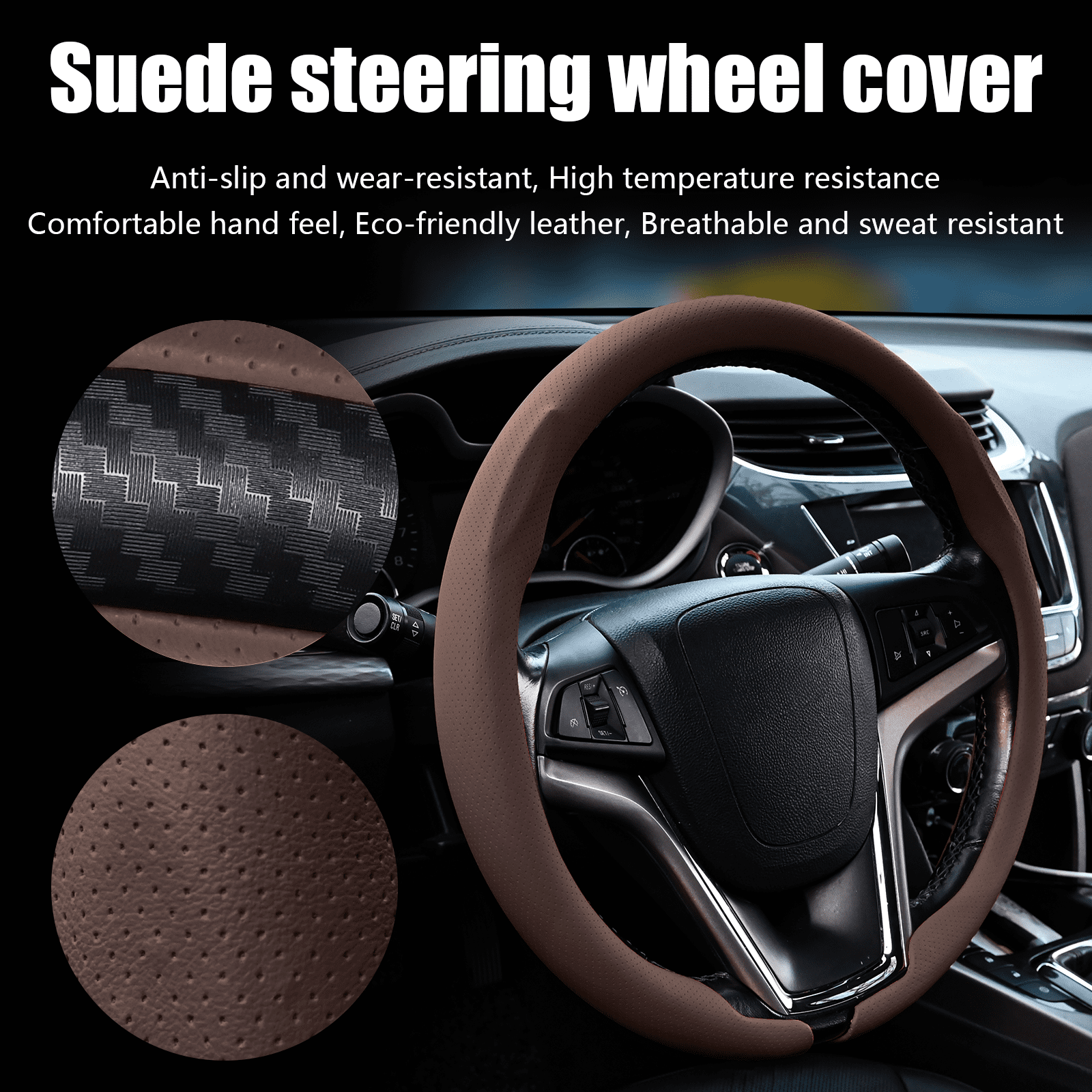 Nappa Leather Steering Wheel Cover Slim and Lightweight, Anti-Slip Grip, Breathable Material - Universal Fit for 14.5-15 Inch Cars and SUVs