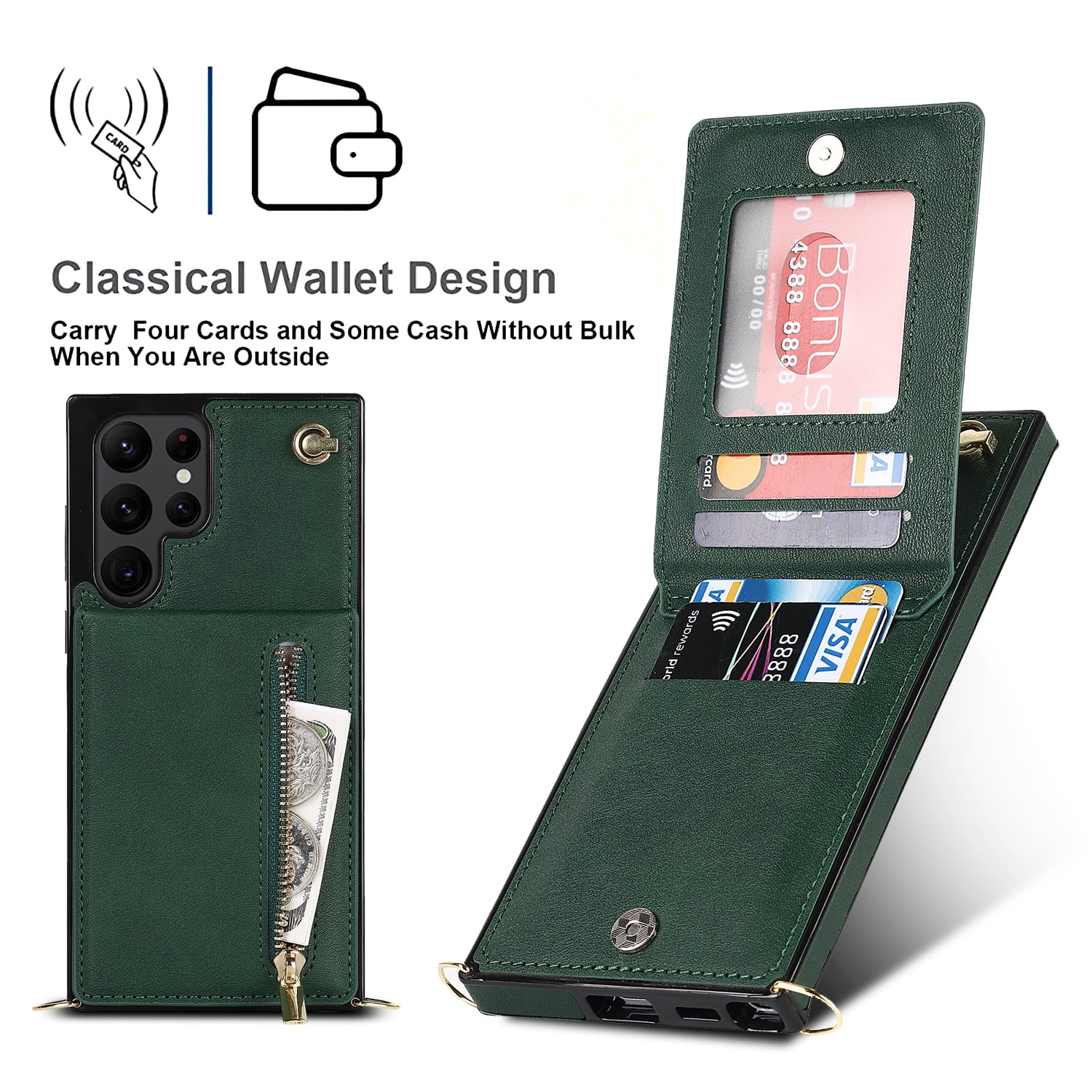 Dteck Flip Leather Wallet Case for Samsung Galaxy S24 Ultra, Crossbody Wallet Case with Credit Card Holder Zipper Pocket Lanyard Shoulder Strap, Kickstand Phone Cover for Samsung S24 Ultra,Green