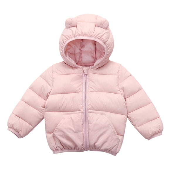Ticikt Baby Kids Hooded Puffer Jacket, Bear Ear Design Nylon Windproof Warm Zip Up Winter Coat for Boys Girls(Color:Pink,Size:6-12 Months)