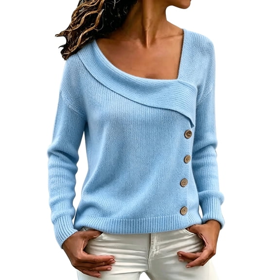 Comdrip Women's Asymmetrical Off Shoulder Knit Sweater Long Sleeve Loose Fit Wrap Fall Pullover with Side Buttons Blue L