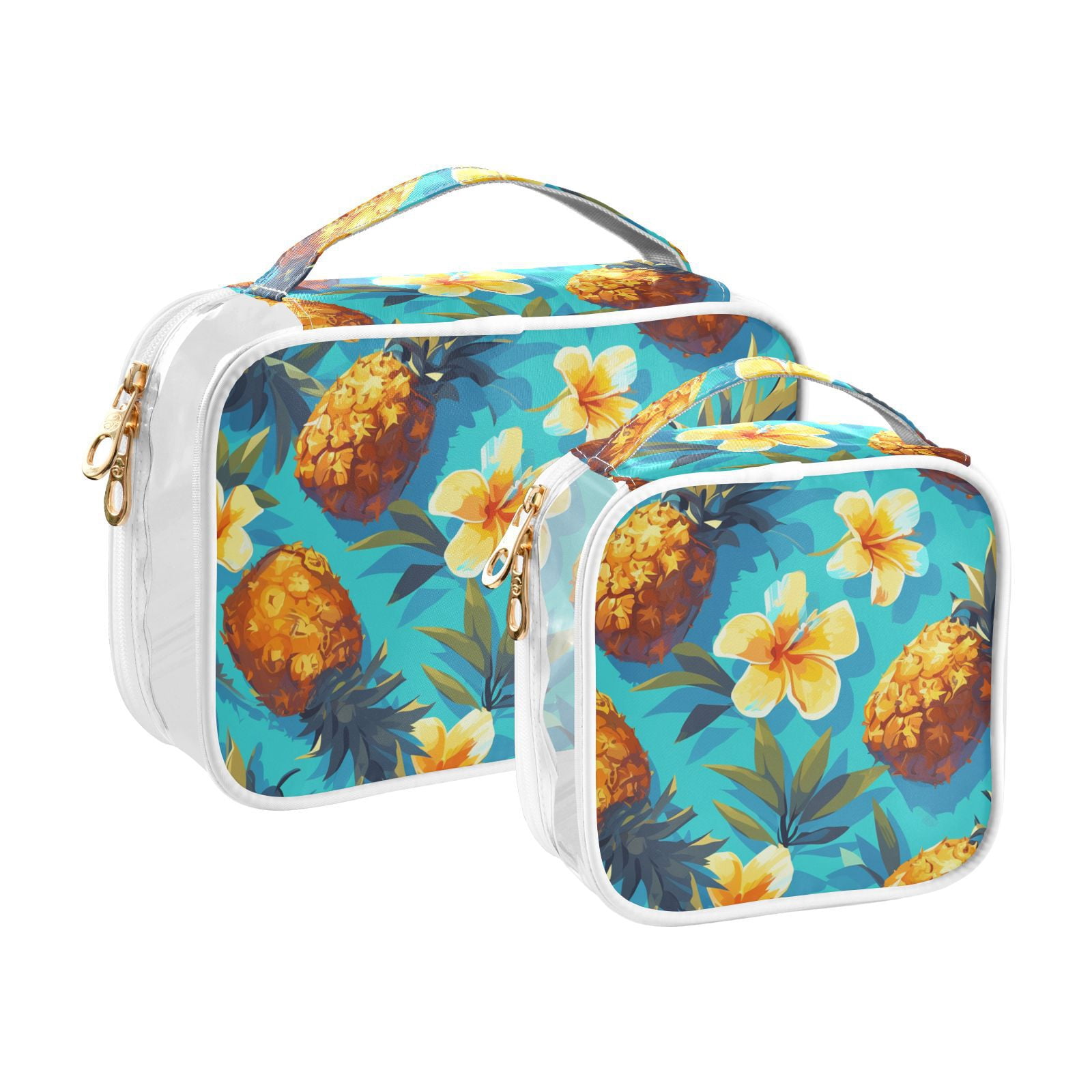 Clear Makeup Bags with Handle Large Opening 2 Pack Set Toiletry Bag Quart Size Bag, for Women Man Traveling Travel Essentials, Toiletries and Other. Flowers Pineapple Summer
