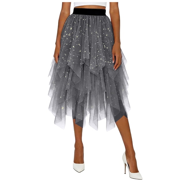 DAFEI Women Short Skirt Loose Sequin Skirt A-Line Fairy Patterned Elastic Waist Ruffle Layered Midi Skirt